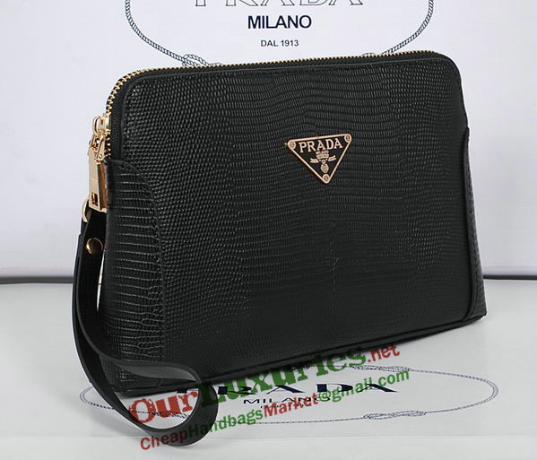 2014 Prada Lizard Leather Clutch 86032 black for sale - Click Image to Close